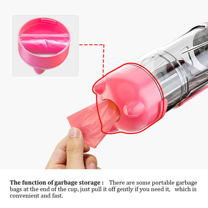 NNEDSZ Pink 500ml Portable Pet Water Bottle | Multifunctional Travel Pet Feeder | Outdoor Dog Drinking Bottle with Waste Shovel