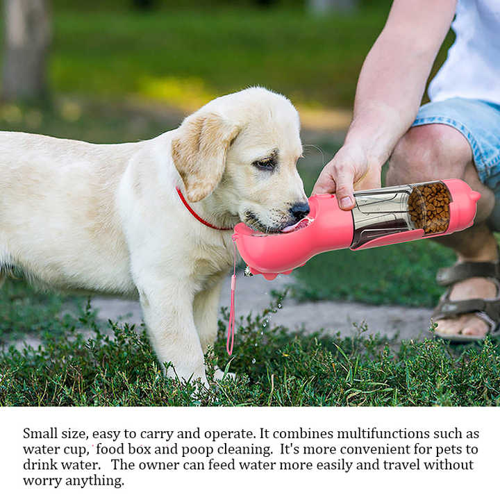 NNEDSZ Pink 500ml Portable Pet Water Bottle | Multifunctional Travel Pet Feeder | Outdoor Dog Drinking Bottle with Waste Shovel